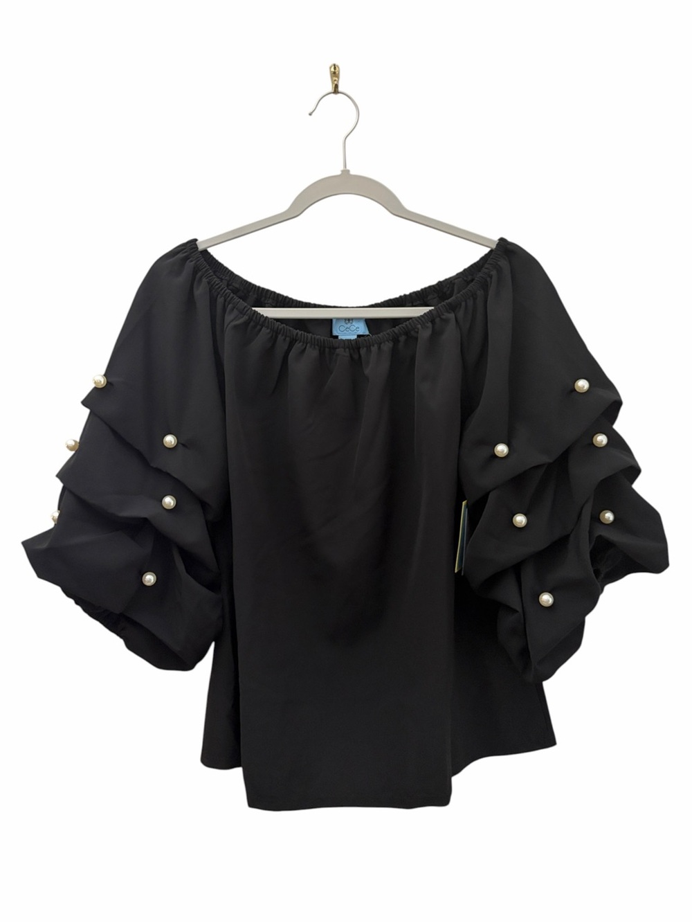 NWT CeCe Pearl-Embellished Black Puff Sleeve Blouse Size M Holiday Office Party